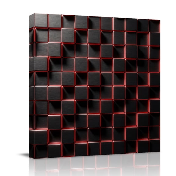 Abstract Art Canvas Wall Art for Living Room, Black Red Cubes Modern Decoration Geometric Wall Decor Framed Artwork Pictures Ready to Hang for Bedroom Office Home Decor