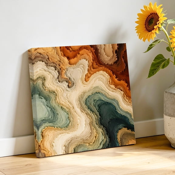 Abstract Art Canvas Wall Art, Modern Green Orange Fluid Wave Swirling Fluid Lines Pictures Wall Decor Wooden Framed Artwork Art Prints for Living Room Hallway Bedroom Office 8"x8"
