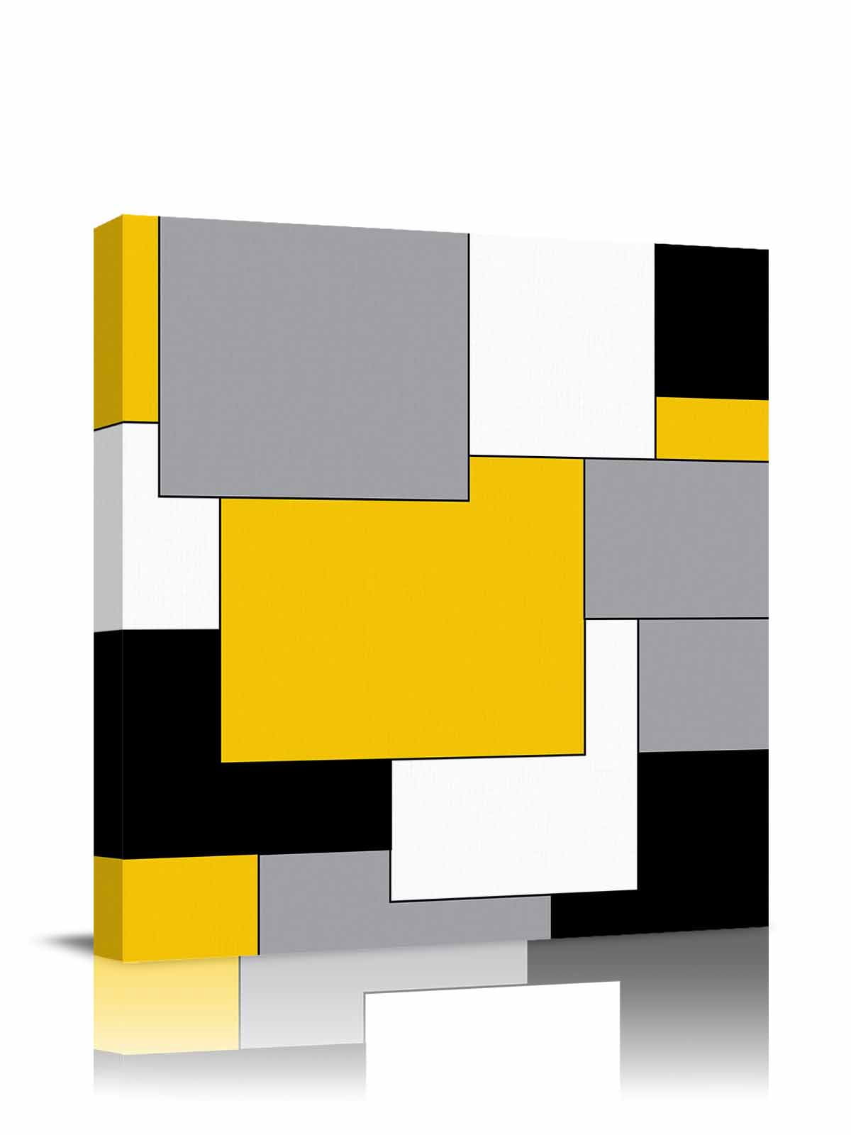Abstract Art Canvas Wall Art, Patchwork Black and Yellow Framed Wall Decor Modern Artwork Prints Painting for Living Room, Bedroom, Kitchen & Cafe Decor 20x20 Inch