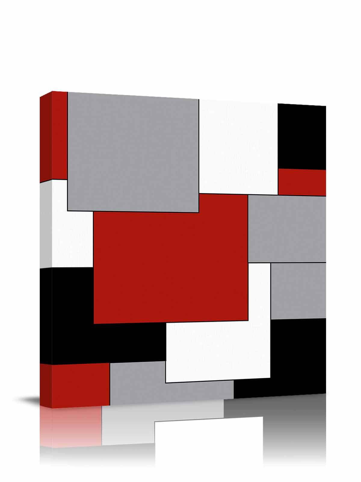 Abstract Art Canvas Wall Art, Patchwork Red Black and Grey Framed Wall Decor Modern Artwork Prints Painting for Living Room, Bedroom, Kitchen & Cafe Decor 16x16 Inch