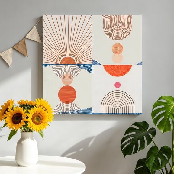Abstract Art Canvas Wall Art, Sunset Orange Blue Line Circle Geometric Modern Framed Canvas Wall Decor Picture Print Artwork Decorations for Living Room Office Ready to Hang 16" x 16"