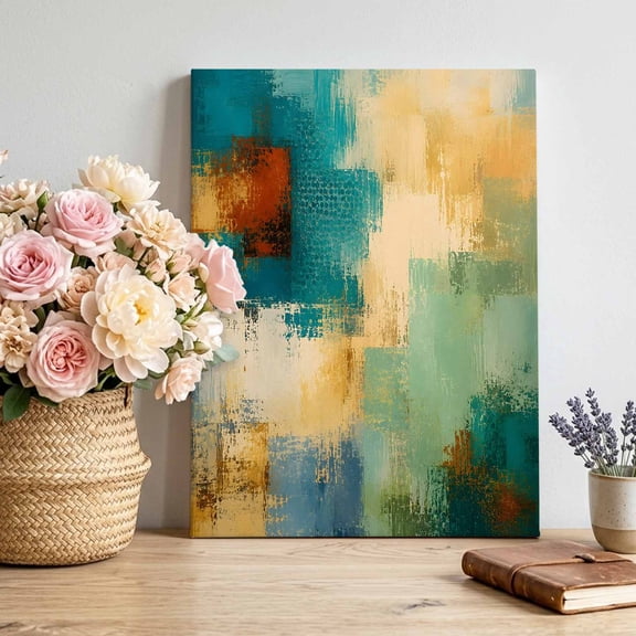 Abstract Art Canvas Wall Art, Turquoise Blue Beige Textured Landscape Rustic Country Framed Canvas Wall Decor Picture Print Artwork Decorations for Living Room Office Ready to Hang 36" x 24"