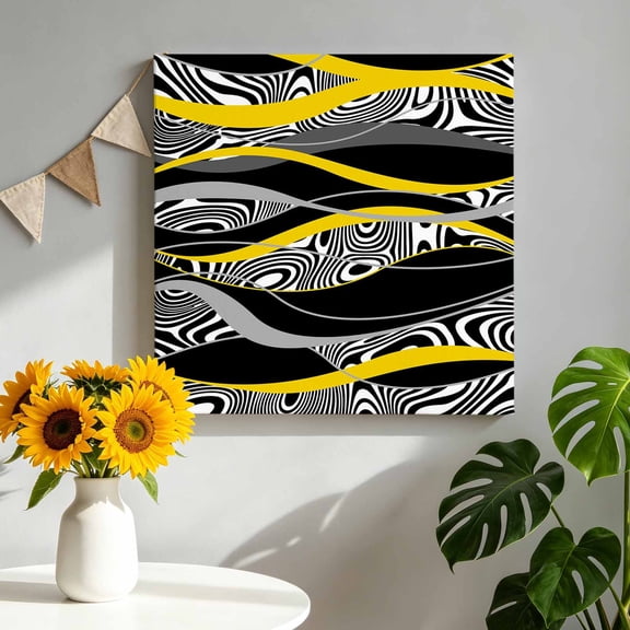 Abstract Art Canvas Wall Art, Yellow Black Gray Lines Psychedelic Gradient Framed Canvas Wall Decor Picture Print Artwork Decorations for Living Room Office Ready to Hang 8" x 8"