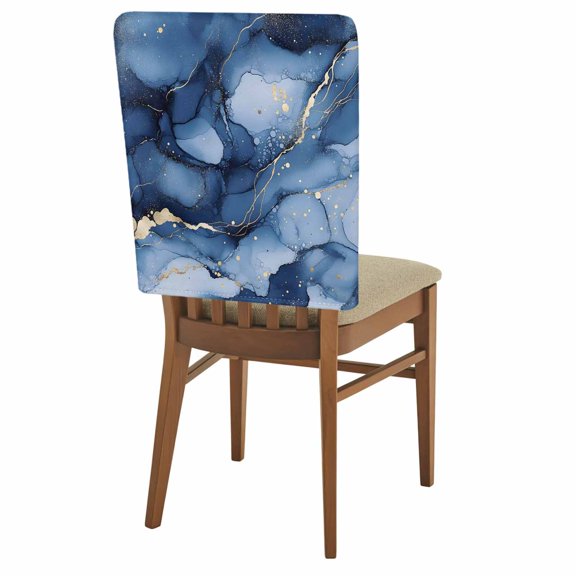Abstract Art Chair Back Covers Set of 2, Blue Gold Gradient Marble Texture Removable Dining Seat Cover Washable Kitchen Chair Slipcovers Protective for Party Festival Decoration 19x20in