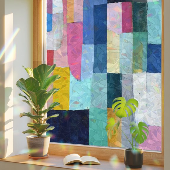 Abstract Art Colorful Splicing Plaid Window Privacy Film, Rainbow Film Decorative Window Sticker 17.7x39.3in, Psychedelic Contrast Color Sun Blocking Static Stained Glass Cling Tint Non-Adhesive