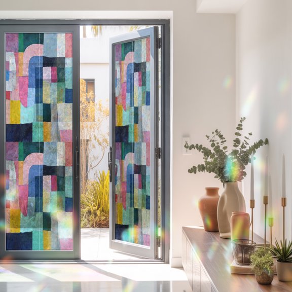 Abstract Art Colorful Splicing Plaid Window Privacy Film, Rainbow Film Decorative Window Sticker 23.6x78.7in, Psychedelic Contrast Color Sun Blocking Static Stained Glass Cling Tint Non-Adhesive