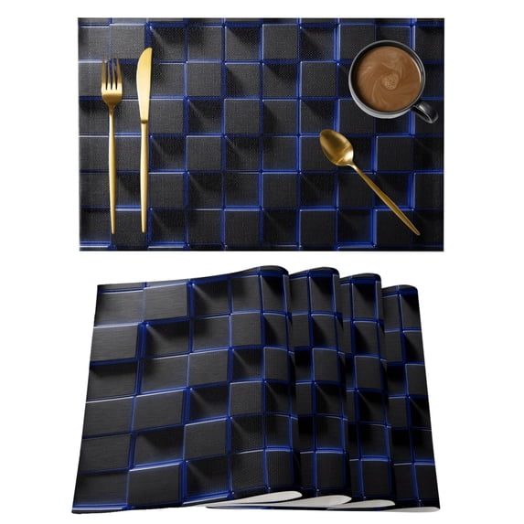 Abstract Art Cotton Linen Placemats Set of 6, Black Blue Cubes Modern ...