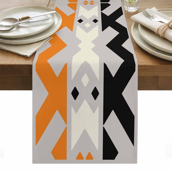Abstract Art Cotton Linen Table Runner Blue Black Orange Line Simple Gray Background Dining Table Runners for Home Decor Party Dining Room Restaurant Kitchen Party 13" x 60"