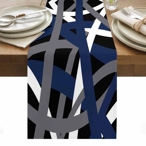 Abstract Art Cotton Linen Table Runner Blue White Black Gray Line Modern Simple Dining Table Runners for Home Decor Party Dining Room Restaurant Kitchen Party 13" x 48"