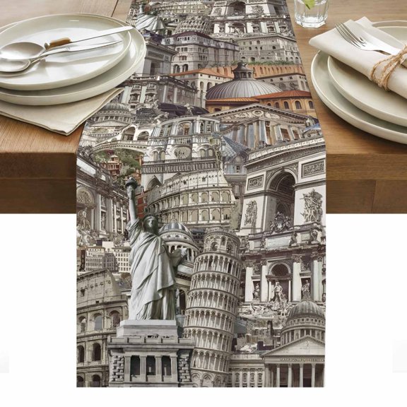 Abstract Art Cotton Linen Table Runner Classical World-famous Buildings Vintage Collage Dining Table Runners for Home Decor Party Dining Room Restaurant Kitchen Party 13" x 36"