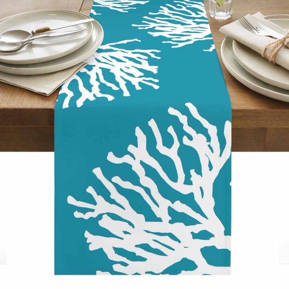 Abstract Art Cotton Linen Table Runner Coral Blue Background Modern Simple Ocean Dining Table Runners for Home Decor Party Dining Room Restaurant Kitchen Party 13" x 36"