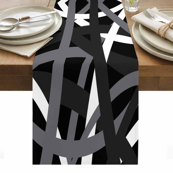 Abstract Art Cotton Linen Table Runner White Black Gray Line Modern Simple Dining Table Runners for Home Decor Party Dining Room Restaurant Kitchen Party 13" x 36"