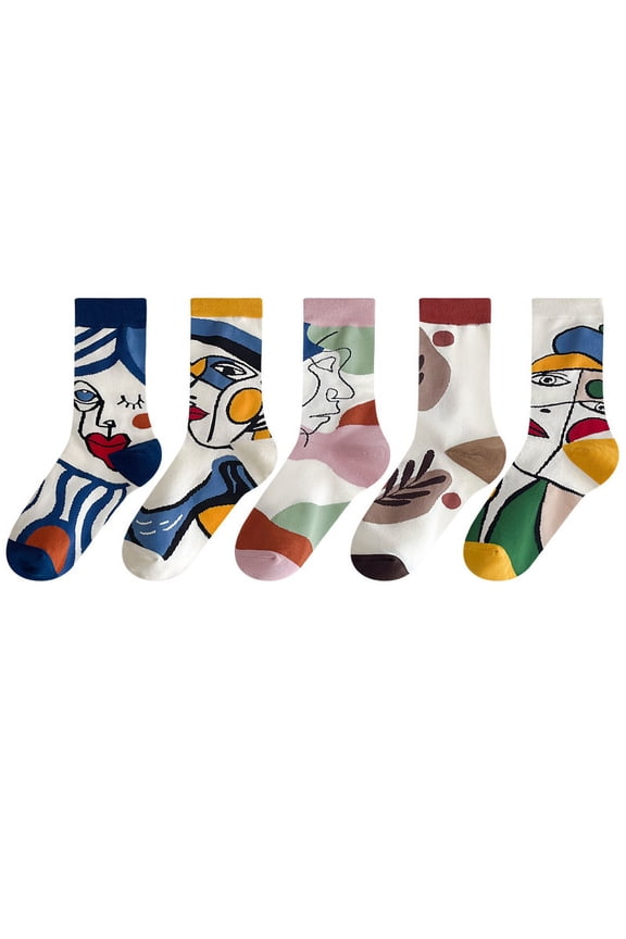 Abstract Art Cotton Socks for Women & Men  5 Pairs Colorful Crew Socks with Modern Face Design  Breathable Soft Unisex Sock Set   Fun Everyday Socks US Size 5-8