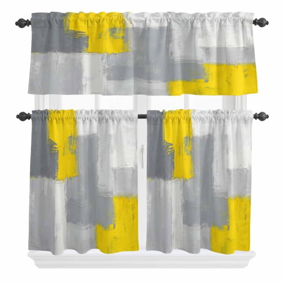 Abstract Art Curtain Valances Set Yellow Grey Graffiti Painting Mottled Texture Kitchen Curtains 36 inch Length Rod Pocket Valance and Tiers 3 Piece Set Small Bedroom Bathroom Laundry Decor
