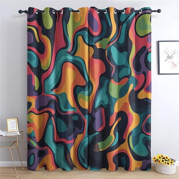 Abstract Art Curtains, Groovy Psychedelic Blackout Curtains for Bedroom, Trippy Window Drapes, Modern Colorful Wave Home Decor for Living Room, Grommet Design 53"W x 96"L (Pack of 2)
