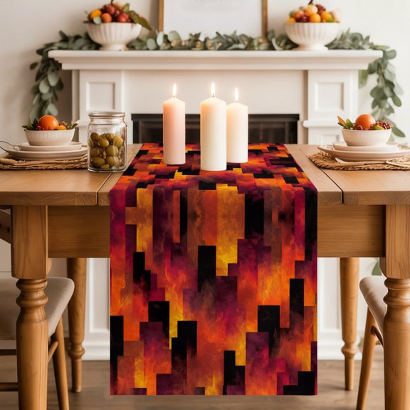 Abstract Art Dining Table Runner, Red Black Gradient Flames Vertical Blocks Modern Washable Table Runners Kitchen Coffee Table Center Decor for Home Party Holiday Wedding 13 x 36 Inches