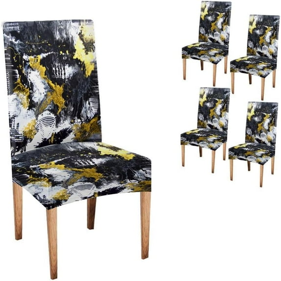 Abstract Art Dinning Chair Cover 4 Pack Abstract Hand Painted Black and White with Gold Background Acrylic Painting on C Removable Seat Protector for Home or Party
