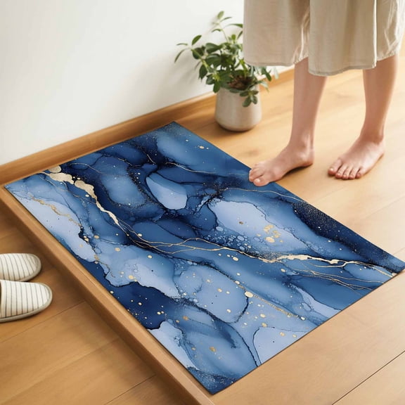 Abstract Art Door Mat 18x30 Inch Blue Gold Gradient Marble Texture Entryway Rug with Non-Slip Rubber, Inside Floor Mats Front Door Rug for Living Room Bathroom Bedroom Home Office