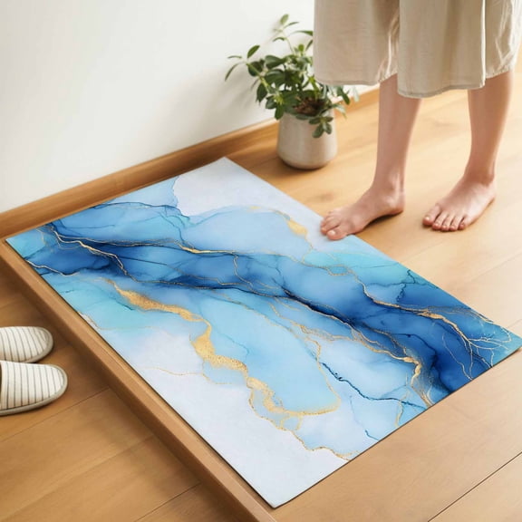 Abstract Art Door Mat 18x30 Inch Teal Gold Gradient Marble Texture Entryway Rug with Non-Slip Rubber, Inside Floor Mats Front Door Rug for Living Room Bathroom Bedroom Home Office