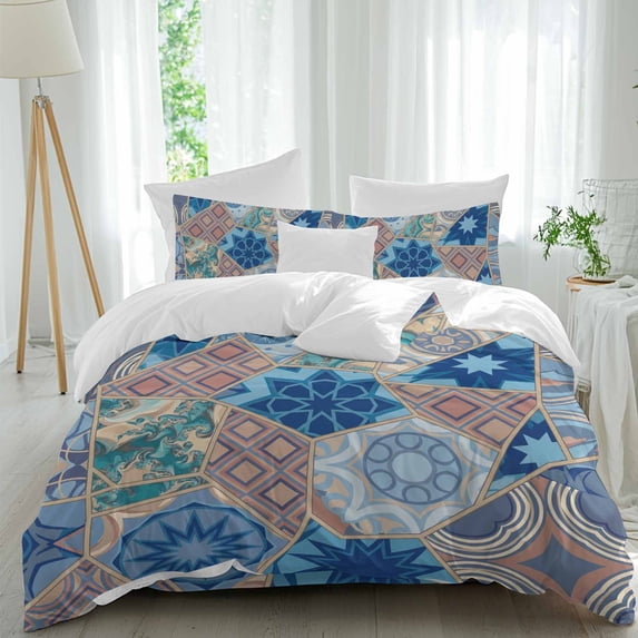 Abstract Art Duvet Cover Set Full Size, Orange Blue Geometric Flower ...