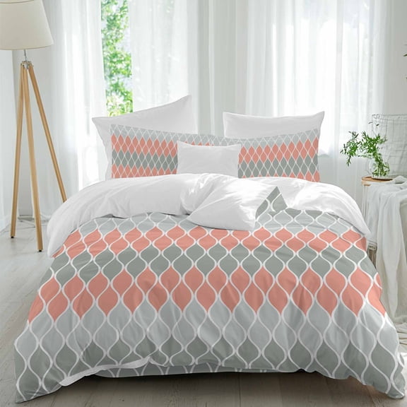 Abstract Art Duvet Cover Set King Size, Grey Coral Red Ombre Geometric Wavy Lines 4 Piece Soft Microfiber Bedding Set with 1 Duvet Cover, 1 Flat Sheet, 2 Pillowcases
