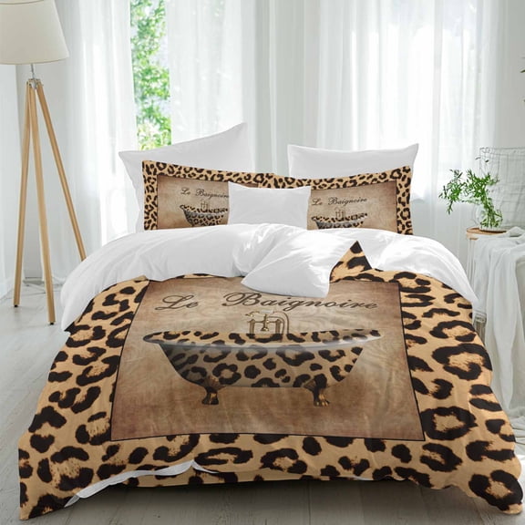 Abstract Art Duvet Cover Set King Size, Leopard Bathtub Le Baignoire Brown Modern 4 Piece Soft Microfiber Bedding Set with 1 Duvet Cover, 1 Flat Sheet, 2 Pillowcases