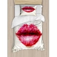 thumbnail image 1 of Abstract Art Duvet Cover Set, Polygonal Style Woman Lips Fractal Triangles Geometric Contemporary, Decorative 2 Piece Bedding Set with 1 Pillow Shams, Twin Size, Eggshell Dark Coral, by Ambesonne, 1 of 3