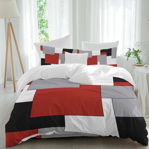 Abstract Art Duvet Cover Set Queen Size Patchwork Red Black and Grey Soft Lightweight Comforter Covers 4 Piece Bedding Set with 1 Duvet Cover 1 Bed Sheet & 2 Pillow Shams