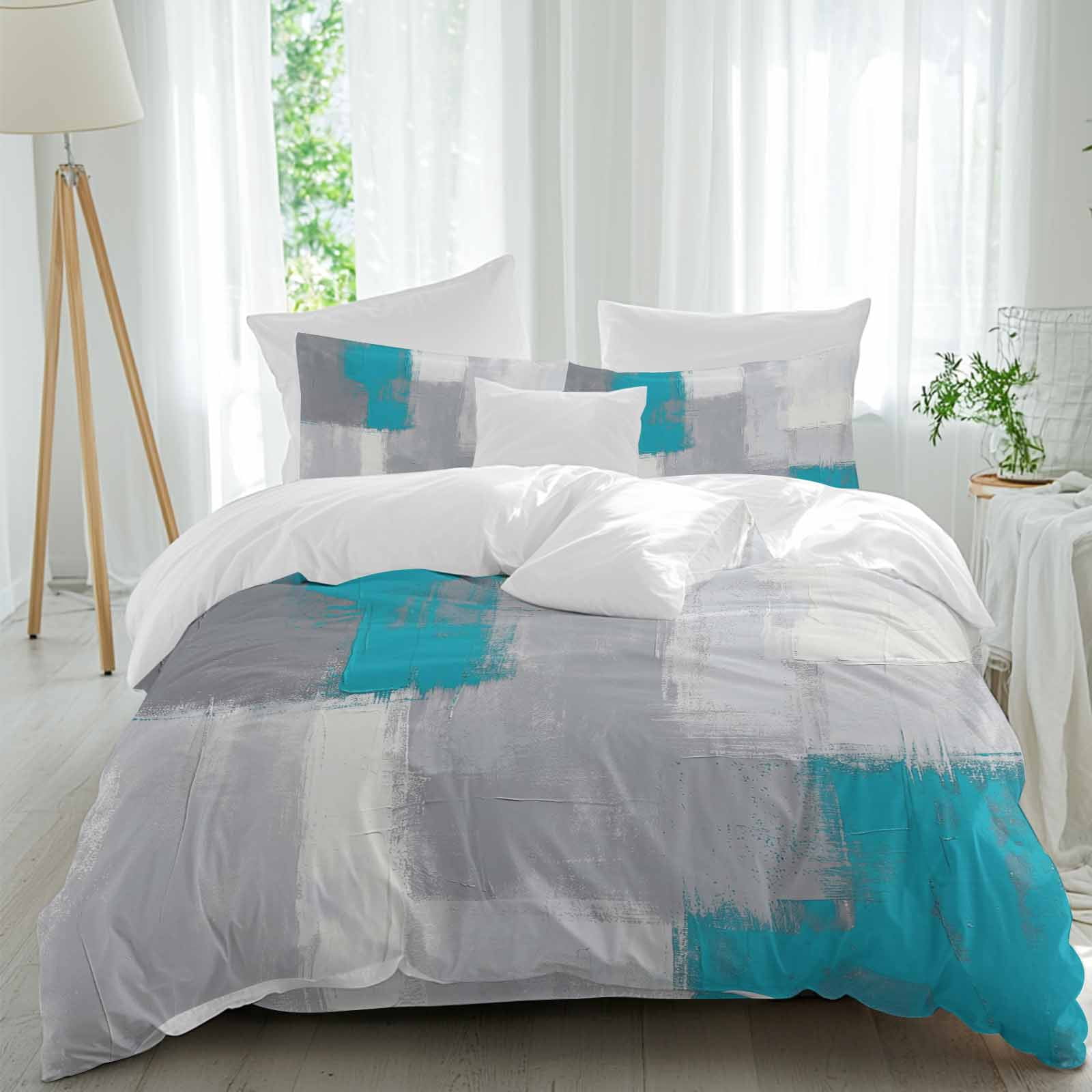 Abstract Art Duvet Cover Set Queen Size, Retro Blue Grey Graffiti ...
