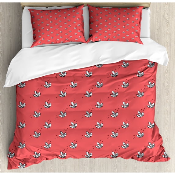 Abstract Art Duvet Cover Set, Tattoo Style Crystal Like Rays Hipster Geometric Illustration, Decorative 3 Piece Bedding Set with 2 Pillow Shams, Calking Size, Dark Coral White, by Ambesonne
