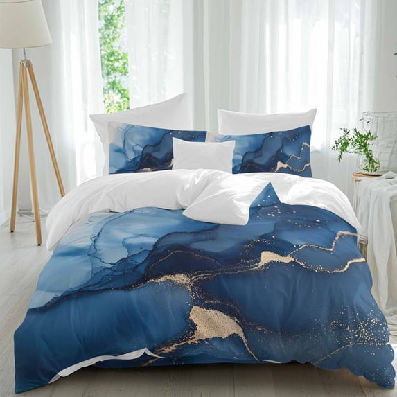 Abstract Art Duvet Cover Set Twin Size, Blue Marble Gold Cracks Texture Rock Modern 4 Piece Soft Microfiber Bedding Set with 1 Duvet Cover, 1 Flat Sheet, 2 Pillowcases