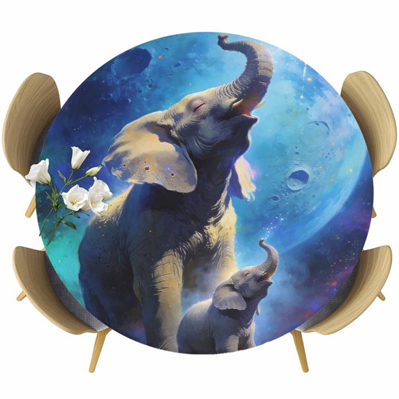 Abstract Art Elephants Round Tablecloth 45-54 Inch Round Fitted Table Cloth with Elastic Edge, Blue Moon Forest Black Waterproof Table Cover Protector for Outdoor Picnic Party Dining