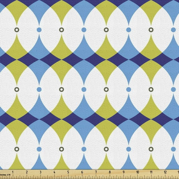 Abstract Art Fabric by the Yard, Geometric Oval Shaped Ellipse Interlocking Round Circles Curves, Decorative Upholstery Fabric for Chairs & Home Accents, Indigo Apple Green Blue by Ambesonne