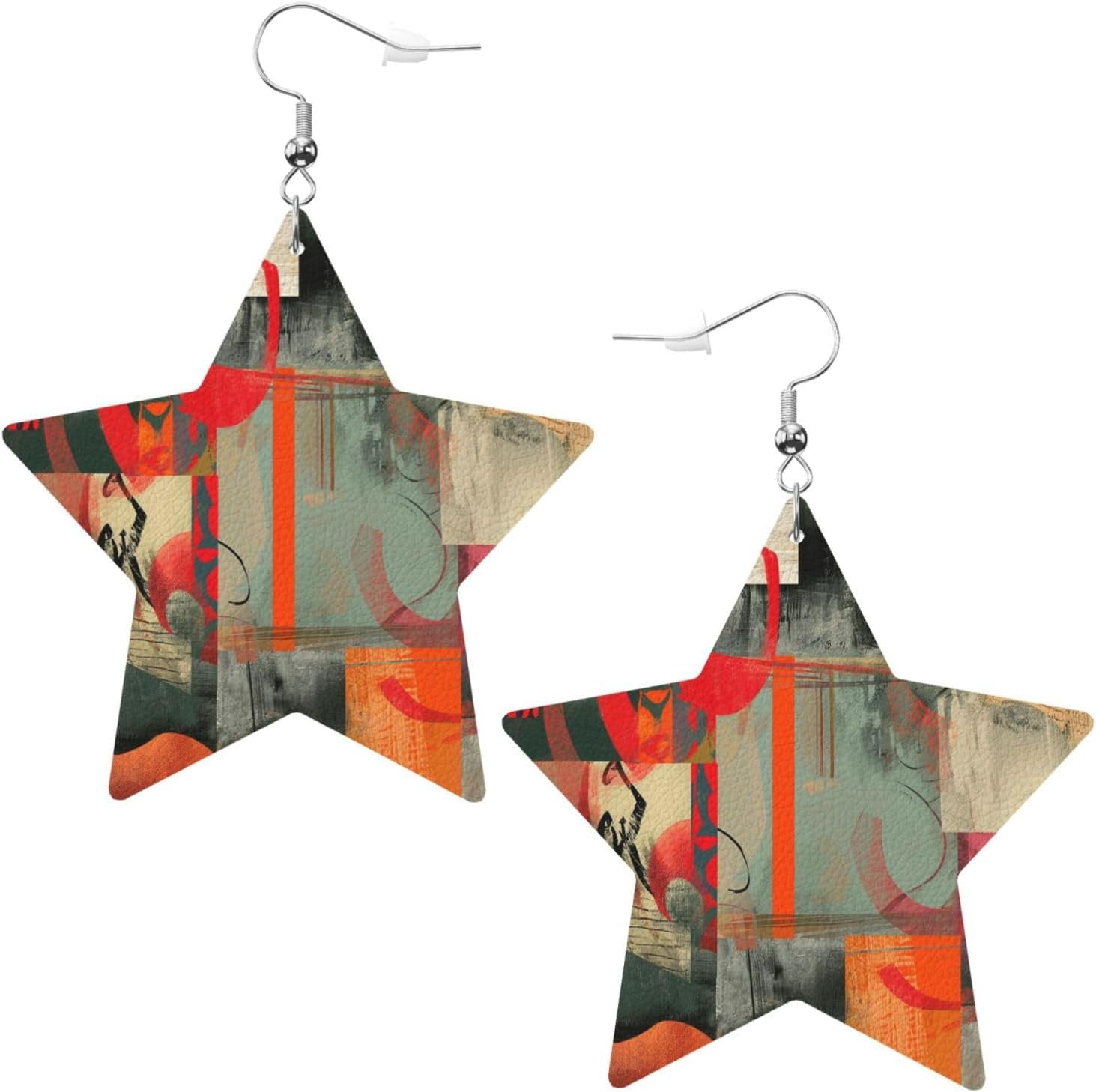 Abstract Art Fine Composition Earrings for Women PU Leather Dangle Earrings, Lightweight Star Shape Leather Teardrop Dangly Ear Pendants Jewelry Gift[w694]