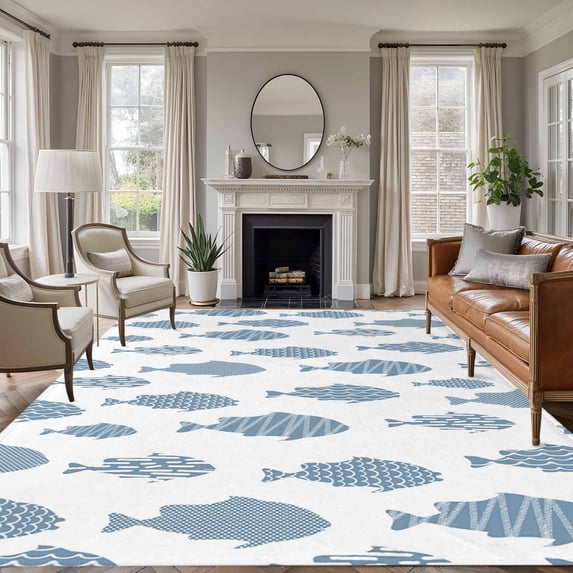 Abstract Art Fish Blue Area Rugs 8'x10', Washable Small Throw Rugs for Living Room Patio, Coastal Ocean Summer Marine Life Indoor Outdoor Rug Non-Slip Low Pile Carpet Runner Reversible Floor Mats