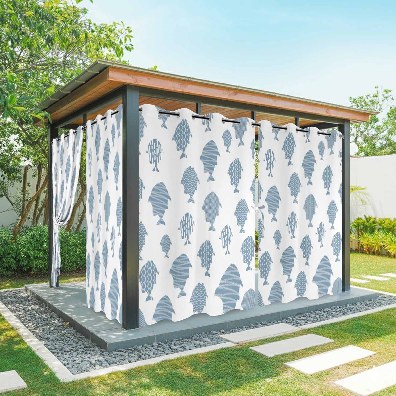 Abstract Art Fish Blue Outdoor Curtains for Patio Waterproof, Grommet ...