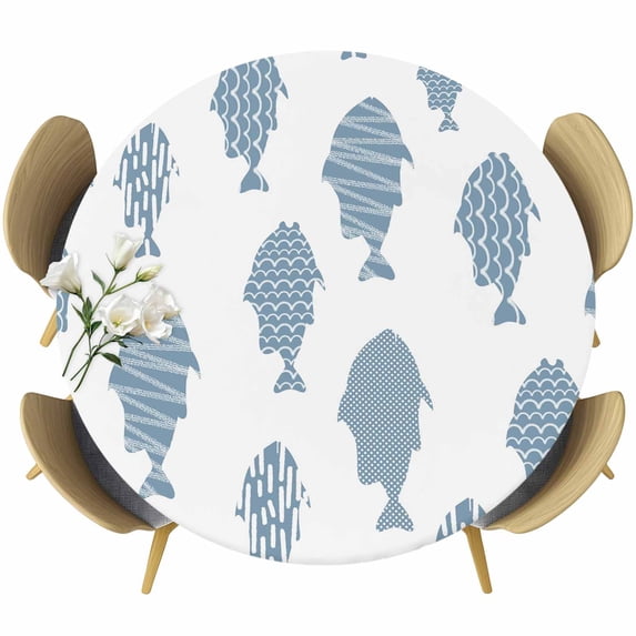 Abstract Art Fish Blue Round Tablecloth 45-54 Inch Round Fitted Table Cloth with Elastic Edge, Coastal Ocean Summer Marine Life Waterproof Table Cover Protector for Outdoor Picnic Party Dining