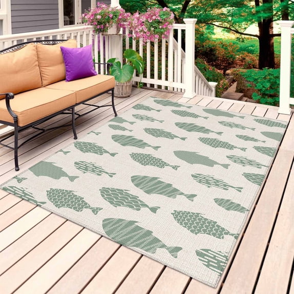 Abstract Art Fish Green Outdoor Rug 3x5 Ft, Non Slip Washable Area Rug, Coastal Ocean Summer Marine Life Patio Rugs Carpet Runner, Large Floor Mat for Indoor/Outdoor Deck Porch Camping