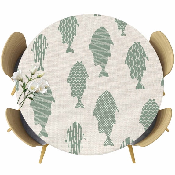 Abstract Art Fish Green Round Tablecloth 36-44 Inch Round Fitted Table Cloth with Elastic Edge, Coastal Ocean Summer Marine Life Waterproof Table Cover Protector for Outdoor Picnic Party Dining