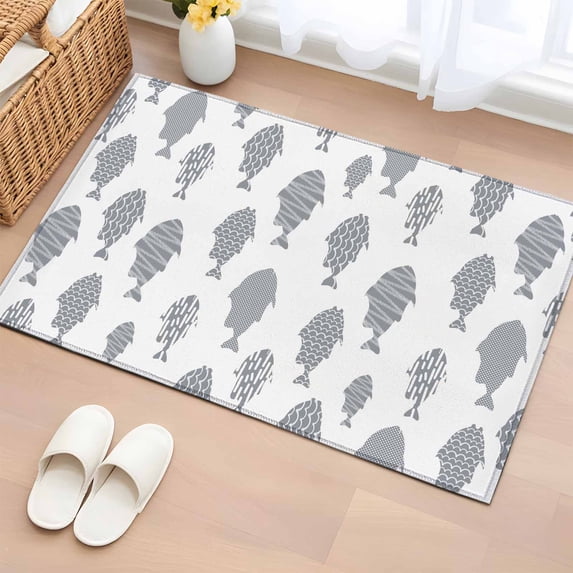 Abstract Art Fish Grey Entryway Rug 2'x3' Non Slip Front Door Mats, Coastal Ocean Summer Entrance Rugs Indoor Outdoor Carpet, Washable Floor Mats Small Area Rug for Bedroom Kitchen