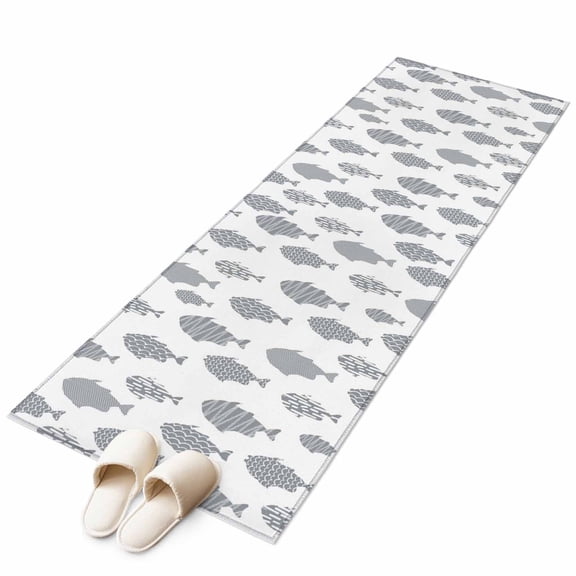 Abstract Art Fish Grey Kitchen Runner Rug 2x6 Washable Runners for Hallway Non Slip Coastal Ocean Summer Large Area Rug Indoor Floor Carpet for Bathroom Laundry Entryway Bedroom Living Room