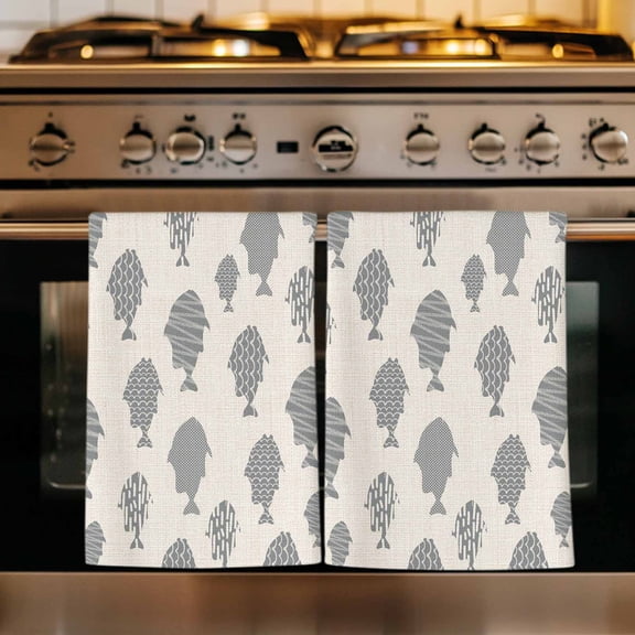 Abstract Art Fish Grey Kitchen Towels Set of 4, Coastal Ocean Summer Linen Texture Absorbent Dish Towels for Kitchen, Microfiber Hand Towel, Quick Drying Tea Towel for Cleaning Decorative Dishcloths