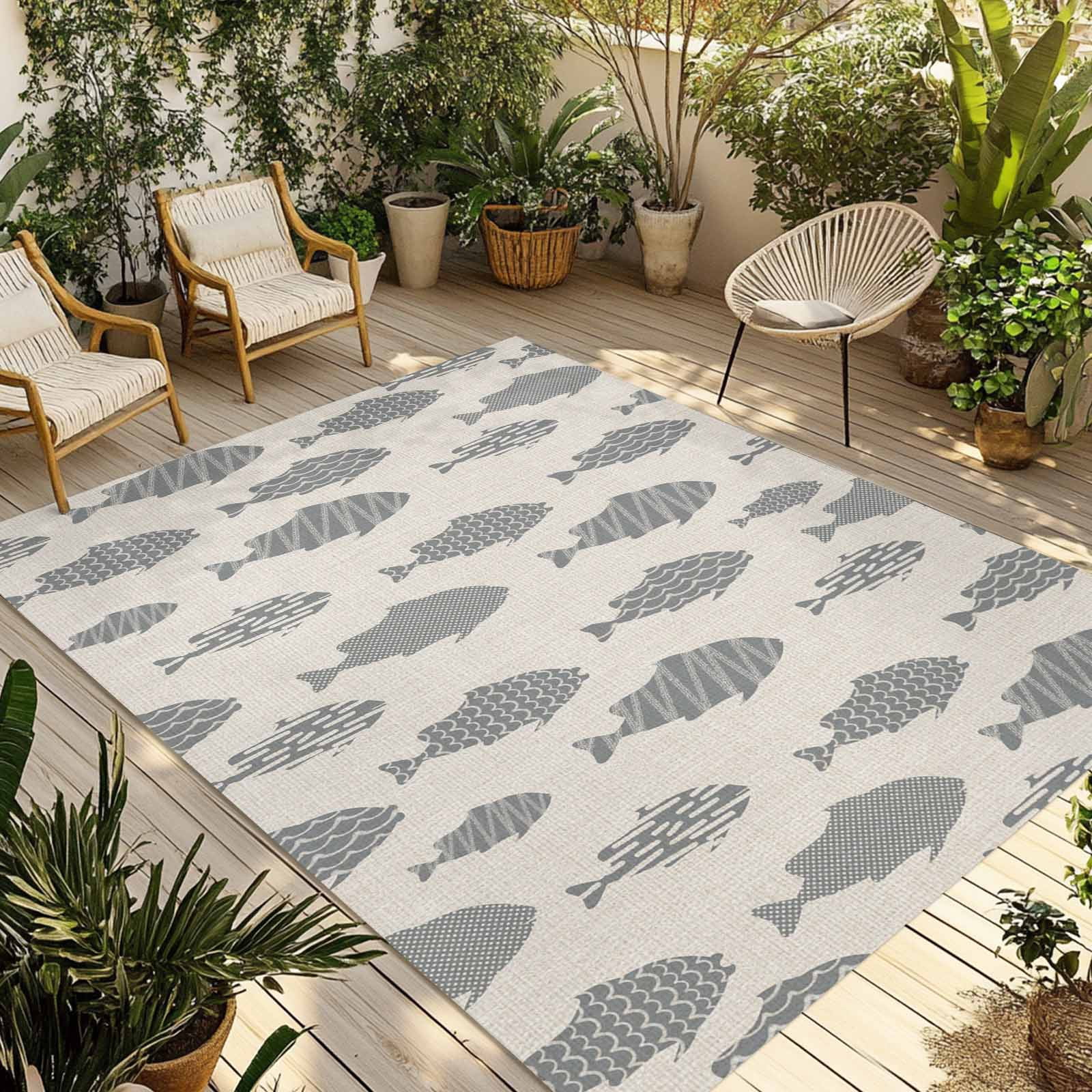 Outdoor Rugs With Fish Abstract Art Fish Grey Outdoor Rug for Patio/Deck/Porch, Non-Slip Large ...