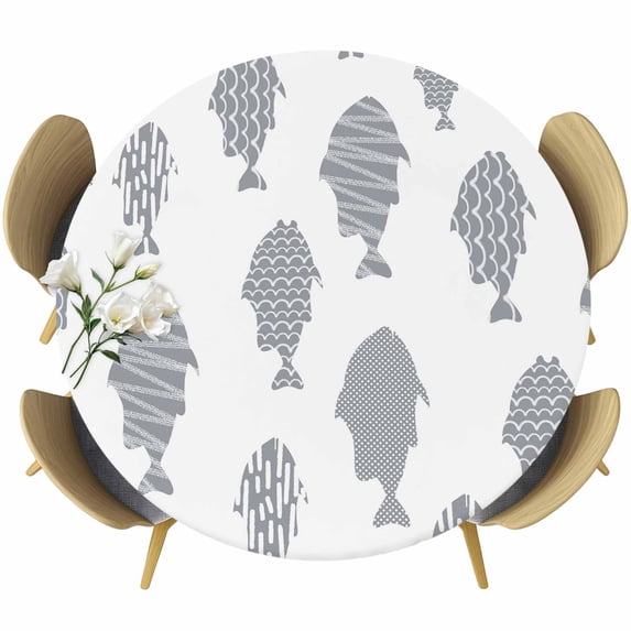 Abstract Art Fish Grey Round Tablecloth 36-44 Inch Round Fitted Table Cloth with Elastic Edge, Coastal Ocean Summer Waterproof Table Cover Protector for Outdoor Picnic Party Dining