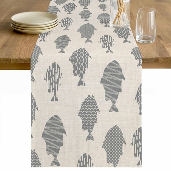 Abstract Art Fish Grey Table Runner - 108 Inch Long Coastal Ocean Summer Linen Texture Cotton and Linen Blended Dress Scarves Farmhouse Table Runner for Kitchen Dining, Coffee Table, 13" x 108"