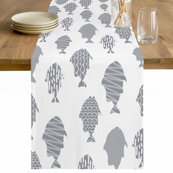 Abstract Art Fish Grey Table Runner - 48 Inch Long Coastal Ocean Summer Cotton and Linen Blended Dress Scarves Farmhouse Table Runner for Kitchen Dining, Coffee Table, 13" x 48"