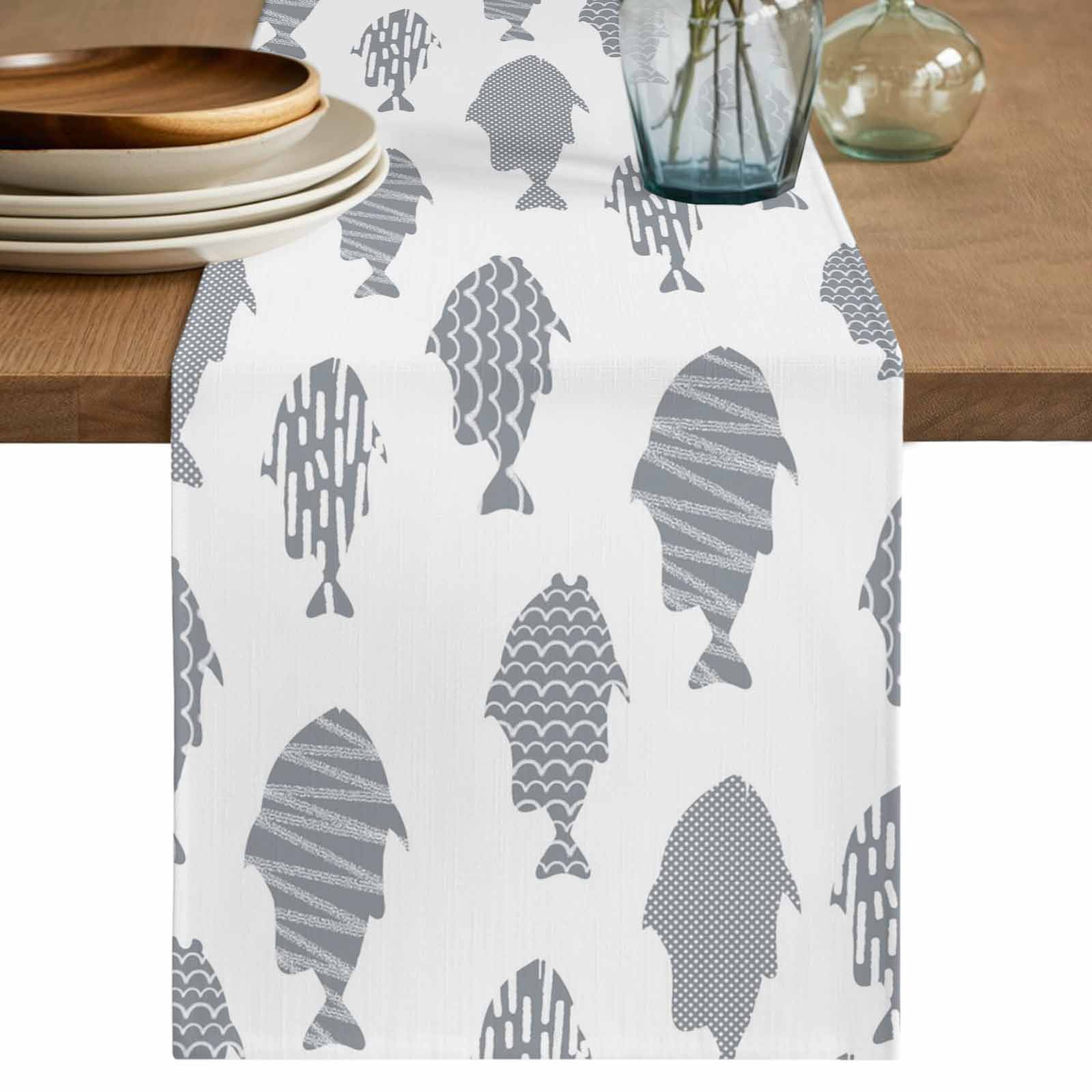 Abstract Art Fish Grey Table Runner, Coastal Ocean Summer Washable ...
