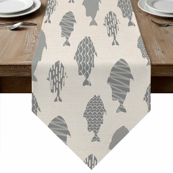 Abstract Art Fish Grey Table Runner Linen Burlap Table Runner 72 Inches ...