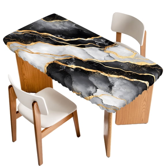 Abstract Art Fitted Rectangle Tablecloth 24" x 50" White Black Gradient Marbling Water Ripple Elastic Table Cloth Fits for 4 Foot Folding Tables Waterproof Table Cover for Picnic Camping Outdoor