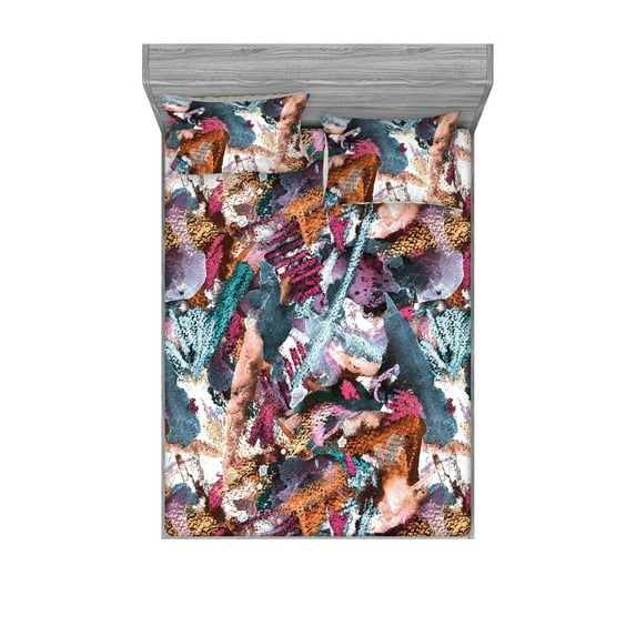 Abstract Art Fitted Sheet & Pillow Sham Set, Watercolor Style Brushstrokes Modern Jumble Style Stains of Creativity, Decorative Printed 3 Piece Bedding Decor, Calking, Multicolor, by Ambesonne
